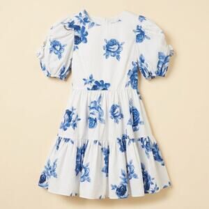 329-Girls White & Blue Cotton Dress Cutout Sleeves by Monnalisa size 12 Msrp 354